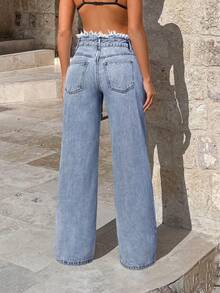 Frayed Hem Fashion Elegant Detail Pocket Button Solid Color Long Pants, Suitable For Spring Summer Autumn Winter All Seasons Daily Casual Outings And Travel, Slightly Small Fit - Light Fried Blue - View 6