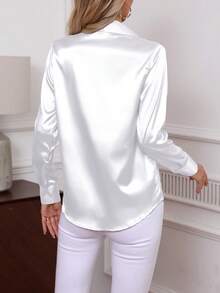 Elegant Satin Shirt For Women, Classic Soft Comfortable Single-Breasted Long Sleeve Solid Color Blouse, 2025 New Arrival - White - View 6