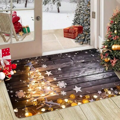 1pc Wooden Grain Golden Christmas Tree Doormat, Small Rug, Welcome Mat, Carpet, Floor Mat, Outdoor Doormat, Kitchen Rug, Home Decor, Front Door Mat, Area Small Rug, Outdoor Mat, Home Decor, Area Rug, Garden Carpet, Washable Rug, Plush Rug, Thick Rug, Fluffy Rug, Autumn/Winter Rug