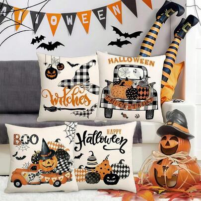 Juego de 4 Fundas de Almoh de Halloween, Funda de Cojín Dise?o de Calabaza Fantasma para Dración de Halloween, Fundas de Almoh para sofá,sillón,cama,Interior,Dración del Hogar (Blanco)