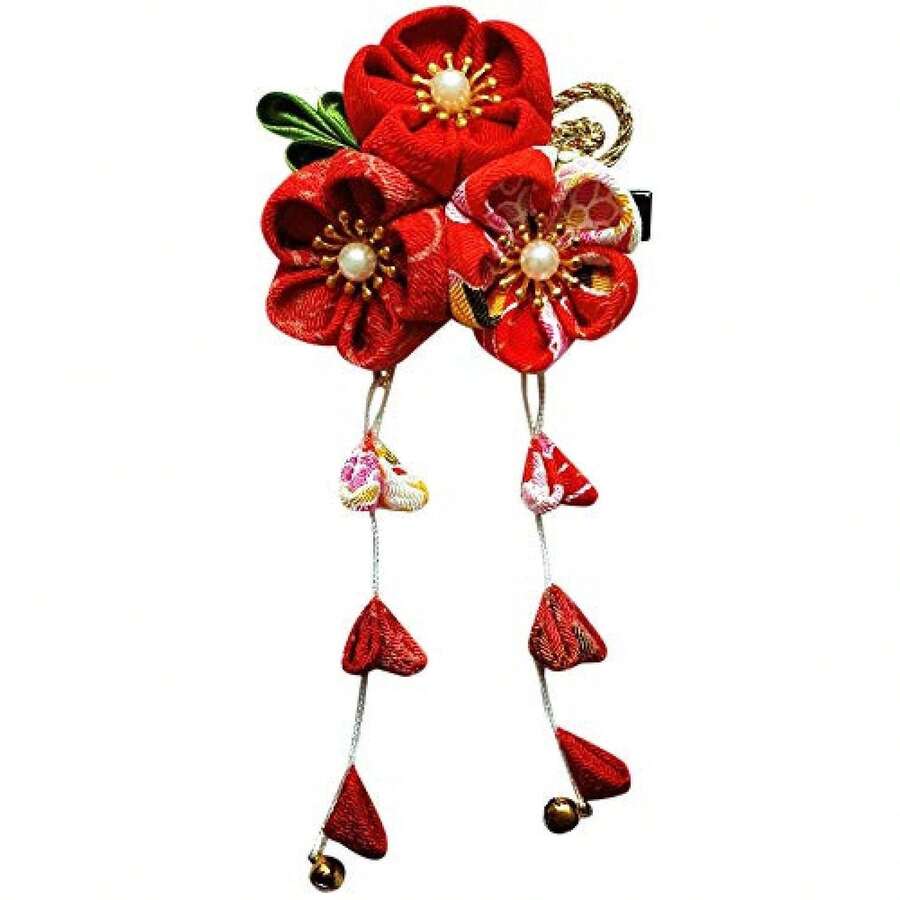 Womens Kimono Hairclip Yukata Flower Hair Tie Band Clip Red II - Japanese Floral Hair Accessories For Kimono, Cosplay, Or Daily Wear - 如圖787 - 查看 1