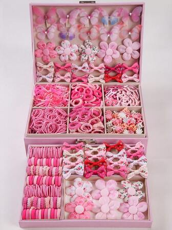 445pcs/Set Girls' Pink Double-Layer Rhinestone Butterfly Hair Clips, Cute Princess Hair Accessories, Elastic & Durable Hair Ties, Bangs Clips, Barrettes, Suitable For Daily Use