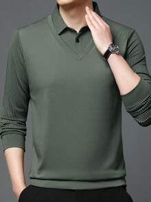 Men's Long Sleeve Striped Polo Shirt, Suitable For Light Business Travel, Autumn/Winter - Army Green - View 7