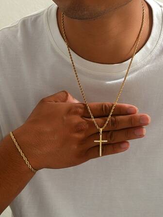 مجموعة مجوهرات للرجال من الصلب المقاوم للصدأ مطلية بالذهب عيار 18 قيراط، قلادة صليب مرصعة بالزركونيا النحاسية الدقيقة + سوار من الصلب المقاوم للصدأ مطلي بالذهب، مجوهرات رجالية مناسبة كهدايا لصديقك في المناسبات