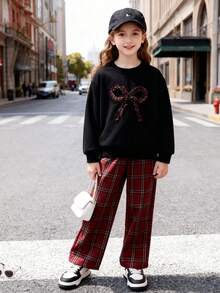 2pcs Girls' Casual Bow Decor Sweatshirt And Plaid Pants Set, Spring/Autumn - Black - View 3