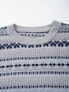 经典条纹印花圆领长袖落肩休闲宽松男女通用针织衫，秋冬款 - 灰色 - 查看 6