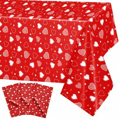 1/3pcs Valentine's Day Plastic Tablecloth, Red With White Heart Design, Disposable Romantic Love Theme Rectangular Tablecloth For Restaurant, Indoor & Outdoor Decor, 137x274cm