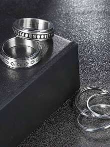 6pcs Stainless Steel Fidget Rings, Complex Moon & Star Spinner Rings For Anxiety Relief, Sensory Jewelry, Non-Plated Design, Fashionable Birthday Gift - 6-piece Men's Ring Set - View 4