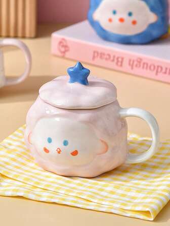1pc Cute Cartoon Ceramic Mug With Lid, Funny Expression Coffee/Oatmeal Cup, Yogurt/Juice Cup, Suitable For Warming Hands In Winter, Birthday Gift For Friends, Back To School Gift, Bedroom, Kitchen, Cafe Use