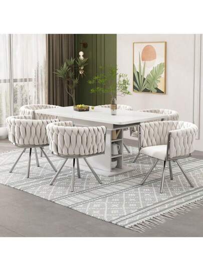 Fluwelen Dining Chair, Set Of 2, Single Verlichting Luxe Living Room Bedroom Swivel Leisure Stoel Four Metal Support Legs, Beige+Silver view 4