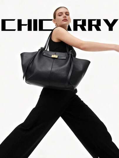 女士纯色大容量手提包，旋转锁扣金属装饰，磁扣闭合，可拆卸优雅丝带手柄，复古街头时尚单肩包，扇形设计，个性化手提包，适合购物、约会、旅行、商务、办公、露营等场合，可收纳雨伞、水瓶、钱包等。