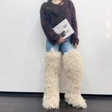 Women's Thigh High Fur Boots Faux Fur Fluffy Flat Warm Over The Knee Boots Tall Furry Snow Shoes For Women - 杏色 - 查看 7
