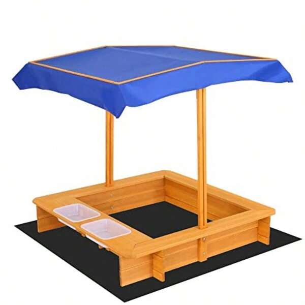 Sandpit Wooden Water Table Sand Pit Play Toys Sandcastle Garden Patio Beach Activity Outdoor Toy Games With Adjustable Canopy Ground Sheet 2 Basins Nature Wood
