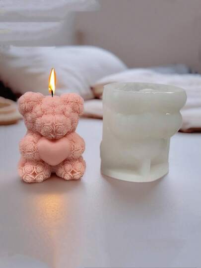1pc Rose Flower Hugging Heart Teddy Bear Candle Silicone Mold, Suitable For Valentine's Day Gifts, Handmade DIY, Valentine's Day And Mother's Day Themed Home Decor, Craft, Bow Lollipop Teddy Bear Candle Silicone Mold