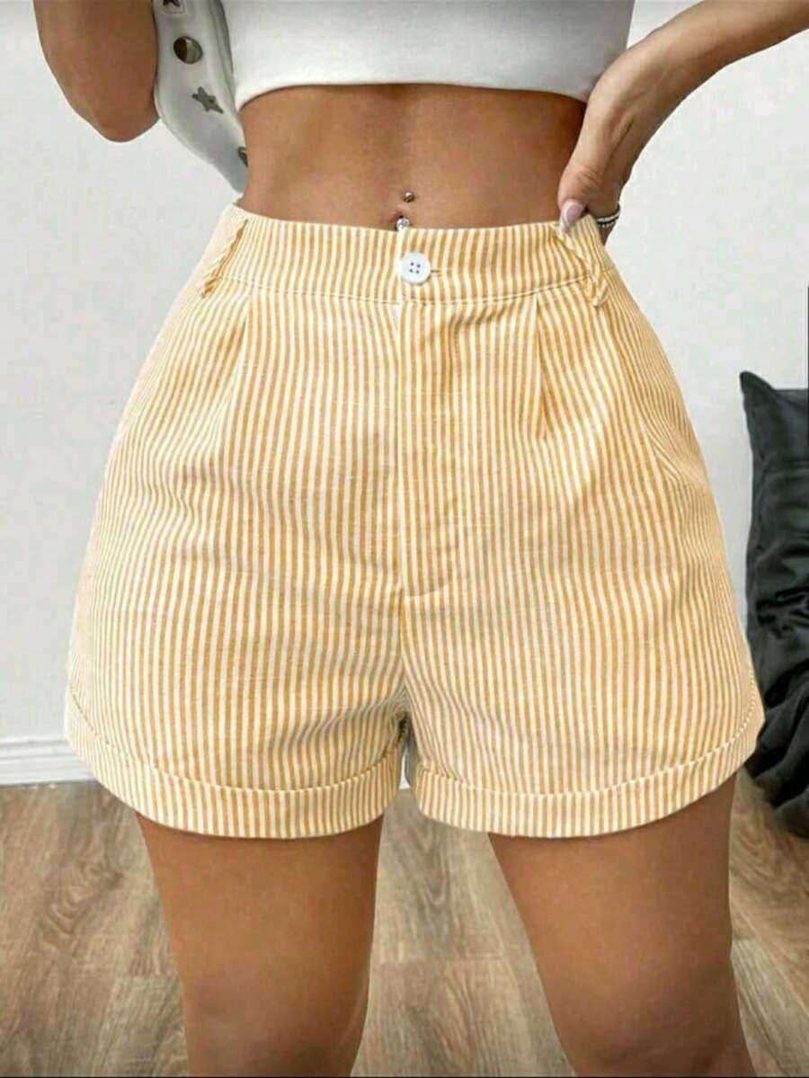 Striped Shorts With Pockets, Buttons, And Zipper, Ideal For Everyday Wear. - Màu be nhạt - Xem 1