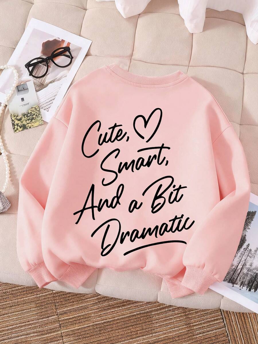 Tween Girl Long Sleeved Round Neck Sweatshirt With "Cute Smart And A Bit Dramatic" Print Pattern, Providing A Comfortable, Fashionable, And Casual New Autumn/Winter Season - Pink - View 1