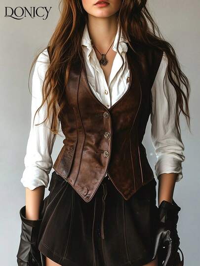 DONICY Chaleco de mujer de estilo retro y casual de unicolor con botones delanteros y cintura de PU, chaleco de cuero marrón, sin mangas, chaqueta formal simple de mujer con diseño de cintura, ajuste ceñido, adecuado para primavera/verano, para capas, estilo callejero, fiesta, cita y otras ocasiones, Día de San Valentín, Carnaval