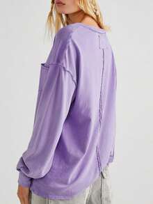 Camiseta de manga larga con cuello redondo y bolsillo, ajuste holgado y versátil, top tipo pullover de corte slim - Púrpura malva - Ver 2