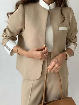 两件套女士优雅撞色口袋纽扣假口袋长袖外套和裤子套装