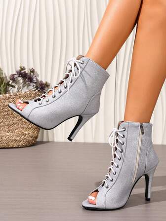 Zapatos de baile para mujer, zapatos de baile latino, zapatos de pole dance, zapatos de tacón alto sexy de color plateado metálico con punta abierta, correa cruzada y cremallera lateral, zapatos de pasarela para fiestas