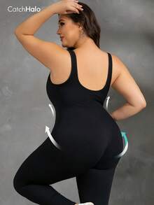 Plus Size Black Seamless Fitted Jumpsuit, Padless, Sleeveless, 4-Way Stretch, Suitable For Yoga, Fitness, Casual Wear