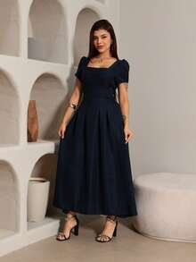 Luxury Midi Dress, Plain, Stylish And Elegant, Duna Linen, Short Sleeves. - 藏蓝色 - 查看 1