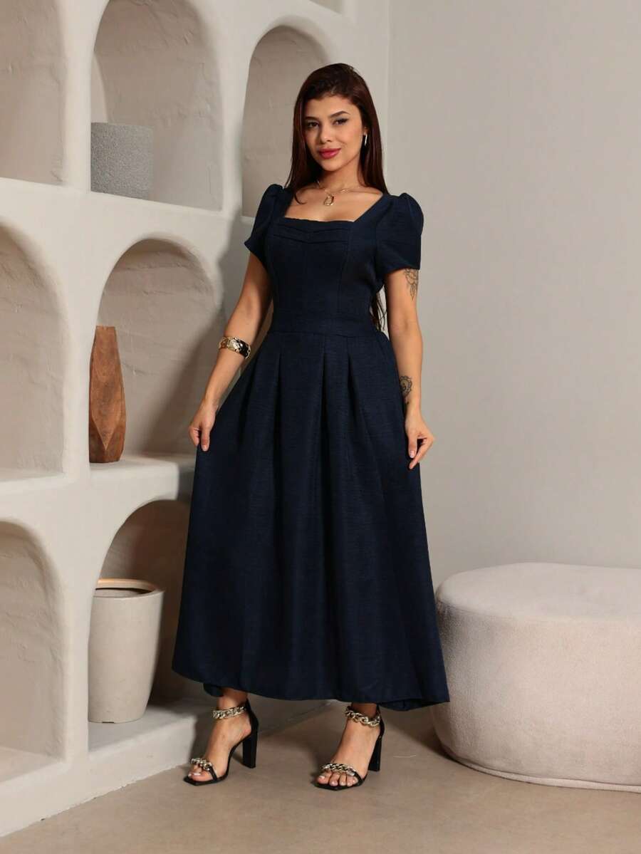 Luxury Midi Dress, Plain, Stylish And Elegant, Duna Linen, Short Sleeves. - 藏蓝色 - 查看 1