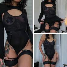 Women's Sexy Mesh Bodysuit, Long Sleeve Shrug Top Cami Jumpsuit With Garter Belts And Leg Rings For Rave, Nightclub - 酒紅色 - 查看 11