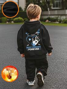 1pc Valentine's Day Young Boy Casual Heart Print Pullover Sweatshirt, Loose Fit, Warm Thermal Lining, Suitable For Students, Autumn/Winter - Black - View 10