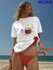 teediy Camiseta de Mujer Blanca 100% Estampado Caldero y Murciélagos Bruja - Corte Oversize Holgada, Cuello Redondo con Manchas Corta, Diseño Escobas Wicca, Botellas Pociones & Búhos Góticos para Disfraces Halloween, Fiestas Temáticas e Informales (Lavable a máquina), Blusas y Tops para Mujer, Tops para Mujer, Tops para Mujeres, Camisetas para Mujer, Blusas y Tops para Mujer, Camisas para Mujer, Camisetas de Halloween para Mujeres, Camisetas para Mujer, - Blanco - Ver 2