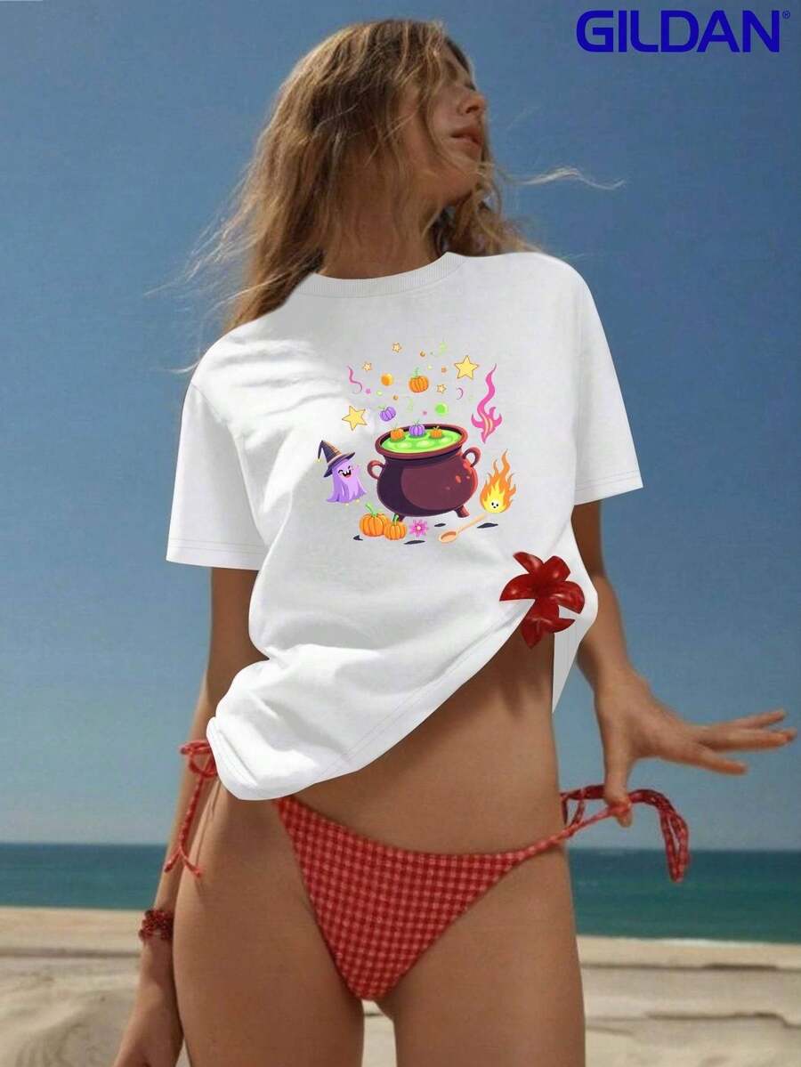 teediy Camiseta de Mujer Blanca 100% Estampado Caldero y Murciélagos Bruja - Corte Oversize Holgada, Cuello Redondo con Manchas Corta, Diseño Escobas Wicca, Botellas Pociones & Búhos Góticos para Disfraces Halloween, Fiestas Temáticas e Informales (Lavable a máquina), Blusas y Tops para Mujer, Tops para Mujer, Tops para Mujeres, Camisetas para Mujer, Blusas y Tops para Mujer, Camisas para Mujer, Camisetas de Halloween para Mujeres, Camisetas para Mujer,