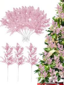 10 piezas de ramitas artificiales de cedro con purpurina rosa, ramas y tallos de cedro falso, adornos navideños con hojas de pino con purpurina, hojas y tallos de cedro artificiales para manualidades DIY, coronas y decoración del hogar, hojas falsas adecuadas para coronas y decoración del hogar