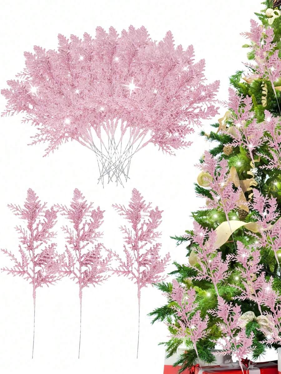 10 piezas de ramitas artificiales de cedro con purpurina rosa, ramas y tallos de cedro falso, adornos navideños con hojas de pino con purpurina, hojas y tallos de cedro artificiales para manualidades DIY, coronas y decoración del hogar, hojas falsas adecuadas para coronas y decoración del hogar