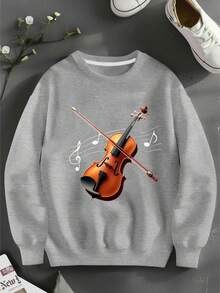 Suéter de Cuello Redondo con Estampado Realista de Violín y Notas Musicales para Mujer - 100% Poliéster, Ropa Casual de 250gsm para Otoño y Primavera, Lavable a Máquina, Prenda Artística para Amantes de la Música - Negro - Ver 7