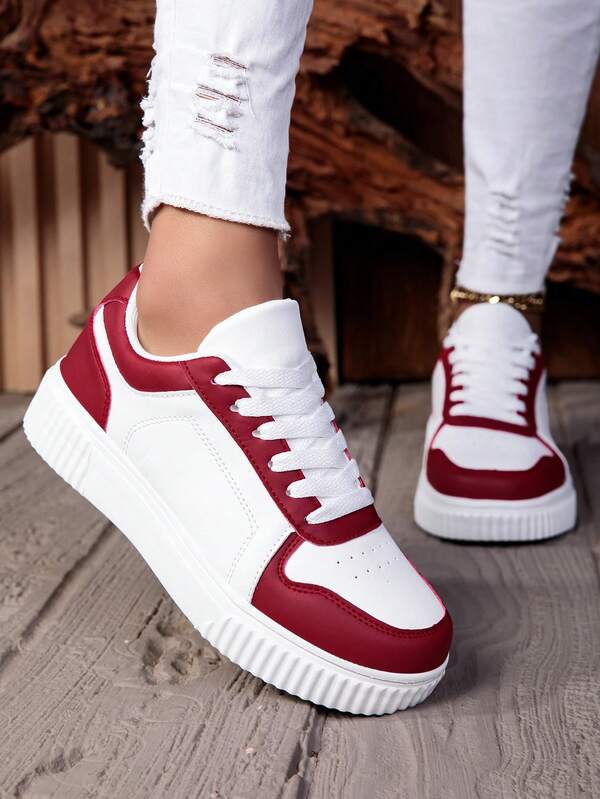 Women's Fashion Casual High-Top Lace-Up Breathable Color Block Sneakers, Lightweight & Comfortable Skate Shoes