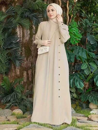 Vestido elegante de manga larga con botones y pliegues de unicolor para uso diario, talla grande, estilo árabe