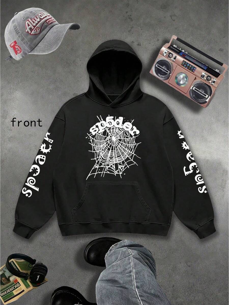 Hoodie Spider Sweater Printed Hoodie Men,Printed On The Back Of The Large Board,Single-Layer Fleece, Casual And Comfortable Velvet Street Wind Long-Sleeved Hooded Sweater, Autumn And Winter Sports Top Hoodies. - Đen-6 - Xem 1