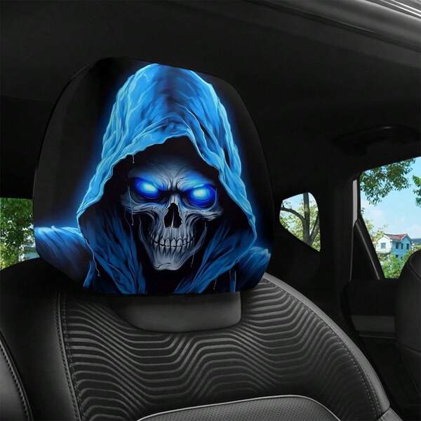 غطاء مسند الرأس للسيارة بتصميم جمجمة الشبح الأزرق قطعتان، واقي مقعد السيارة مريح للطقس كافة، مناسب للرحلات الطويلة والتنقل واستخدام السيارة الذاتي، ديكور لأجواء عيد الميلاد والهالوين الغامضة والرائعة، اكسسوارات السيارة، ديكور داخلي للسيارة، هدية للرجال والنساء