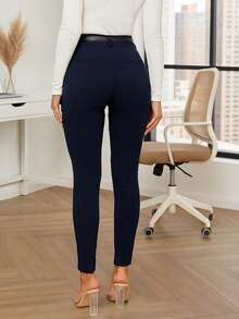 Pantalón Ajustado para Dama con Cinturón.  Tela Elástica - Azul Marino - Ver 2