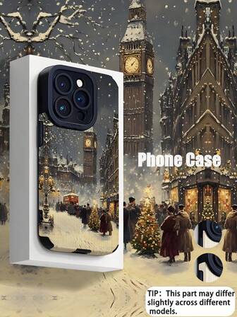 1pc Minimalist Winter Christmas Night Street Pattern Vertical Striped High-End Faux Leather Anti-Fall Anti-Fingerprint Shock-Proof Phone Case, Suitable As Birthday, Holiday Gift For Friends, Family, Couples, Compatible With Apple And Models