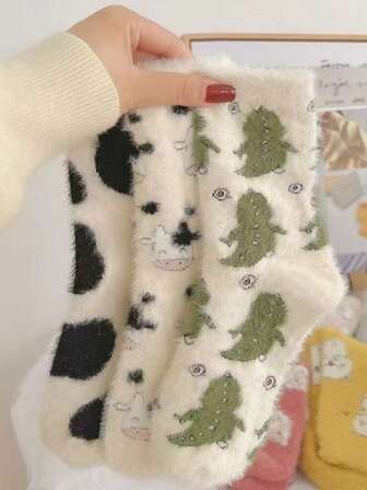 1 Pair Winter Cow & Dinosaur Plush Lined Warm Socks, Cute Mid-Calf House Socks, Thick Casual Floor Socks