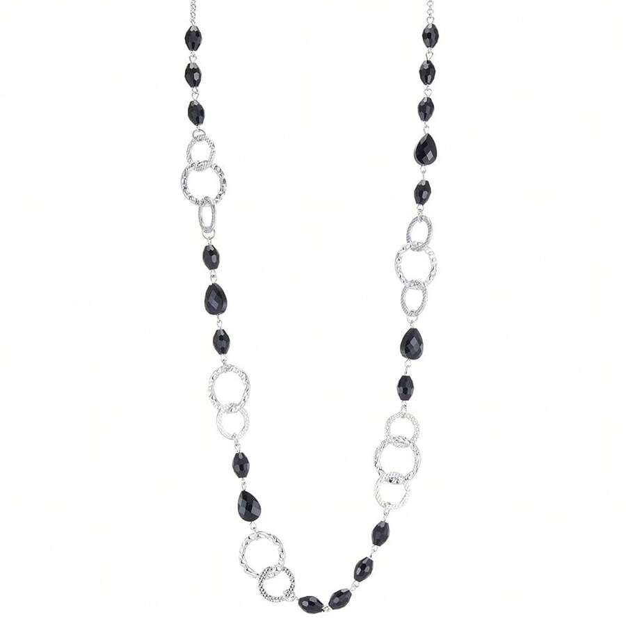 Noessla Layered Long Necklaces For Women Crystal Beaded Statement Necklace Sweater Silver Chain With Gifts Box Jewelry{Inchcolor_nameinch:Inch35-Blackinch} - 35-黑色 - 查看 1
