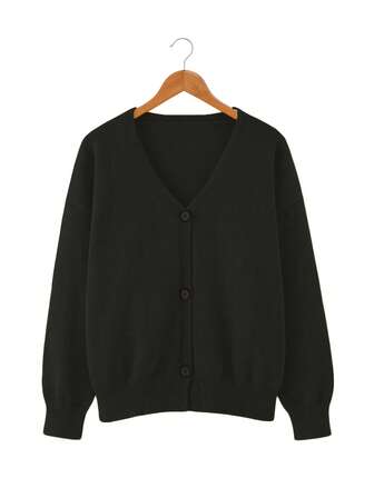 1 件女士加大码 V 领长袖纯色针织面料罗纹纽扣宽松柔软透气休闲装，适合约会、度假、秋冬季日常穿着