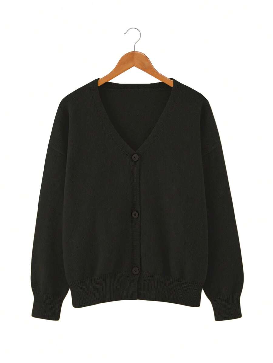 1 pieza Blusa de mujer de talla grande de cuello en V de manga larga de unicolor de tela de punto acanalada, con botones, suelta, suave y transpirable, adecuada para citas, vacaciones, uso diario en otoño e invierno