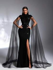 IBTRLY Elegant Luxury Fashion Black High Collar Sequin Beaded Applique High Slit To Thigh Formal Evening Party Wedding Guest Bachelorette Graduation Prom Gown, For Valentine's Day - Black - View 7