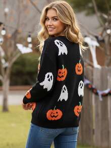 Womens Halloween Knit Cardigan Ghost Pumpkin Ribbed Trim Button Down V Neck Long Sleeve Sweater Jacket - Black - View 7