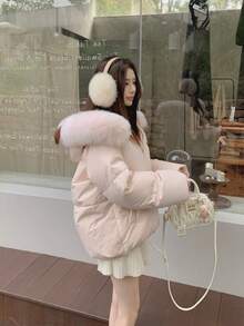 Women's Korean-Style Short Down Jacket, Fashionable For Fall And Winter, Cute, With Collar, Polyester, Slimming, Fur Collar, And Padded Lining For Warmth And Comfort. - Pink - View 8