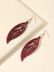 1 对镂空叶形设计木质吊坠耳环，适合女士、休闲和极简主义