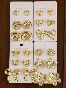 3对-12对/套 时尚经典设计，心形、蝴蝶结、花朵造型镀金耳环，超级可爱 | 简约 | 圣诞节和情人节礼物 - #2金色 - 查看 7