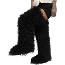 Women's Thigh High Fur Boots Faux Fur Fluffy Flat Warm Over The Knee Boots Tall Furry Snow Shoes For Women - 黑色 - 查看 1